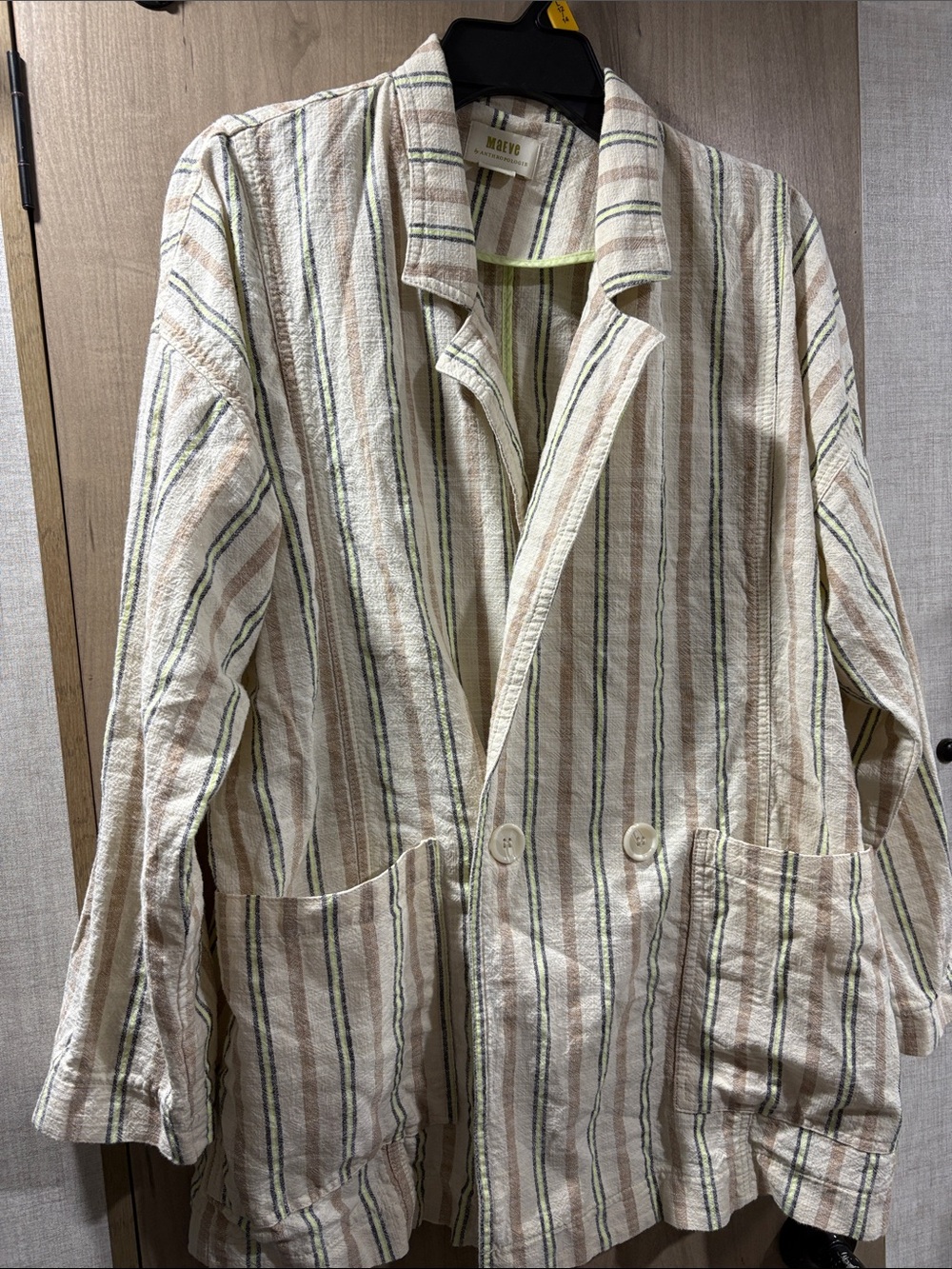 Anthropologie Cream Blazer with Tan and Green Stripes